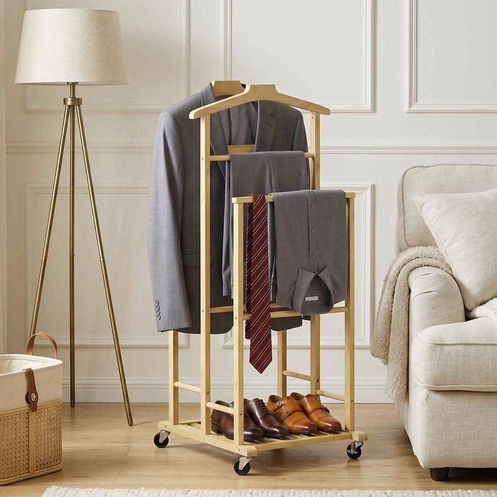 Bamboo Clothes Rack on Wheels, Compact, with Hangers, Hanging Rails, Shelf and Bottom Shelf, Oak Look