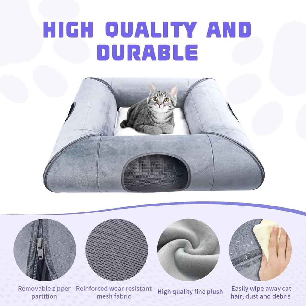 Indoor Cat Cave Bed, Scratch-Resistant Tunnel with Removable Pad, Gray, for Small To Medium Cats