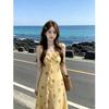 Yellow ruffle leaf edge floral suspender dress women's side vacation French super fairy backless beach fishtail dress