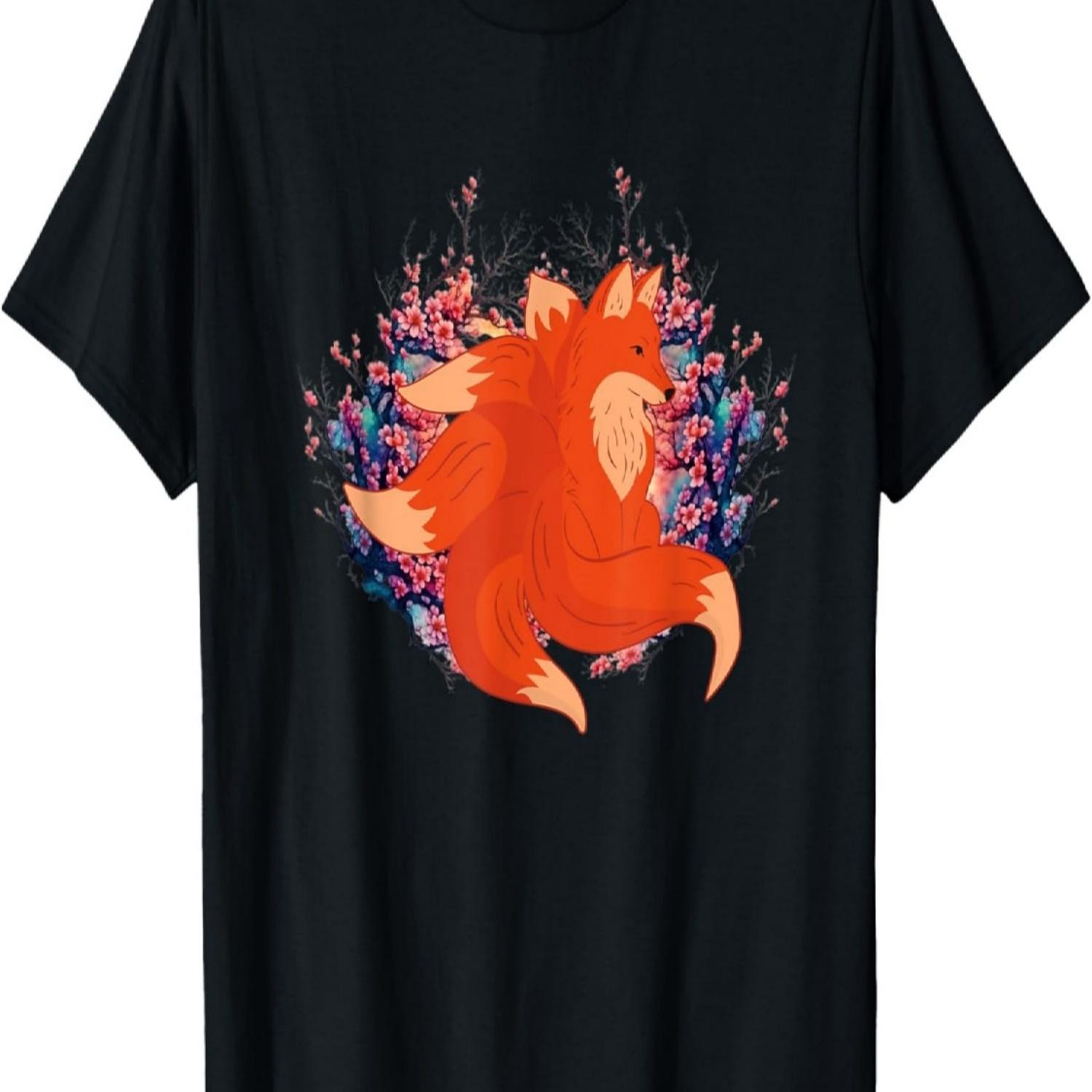 Футболка с лисой Кицунэ Девятихвостой лисой и цветами сакуры S чёрный