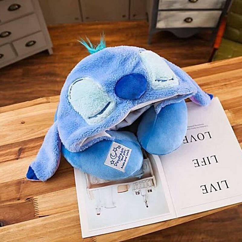 Soft Polyester Fiber Car Neck Pillow Travel Hooded Neck Cushion Cute U-shaped Plush Toy For Adults Yellow Winnie The Pooh Blue Stitch