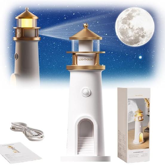 Lighthouse Moon Lamp Projector, LED Night Light with Remote Control, Lunar Projection, Adjustable Brightness, Timer, and Bluetooth Speaker for