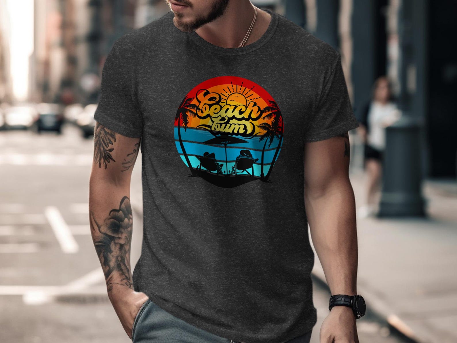 Beach Bum Retro Sunset T-Shirt | Tropical Vacation Palm Tree Graphic Tee S