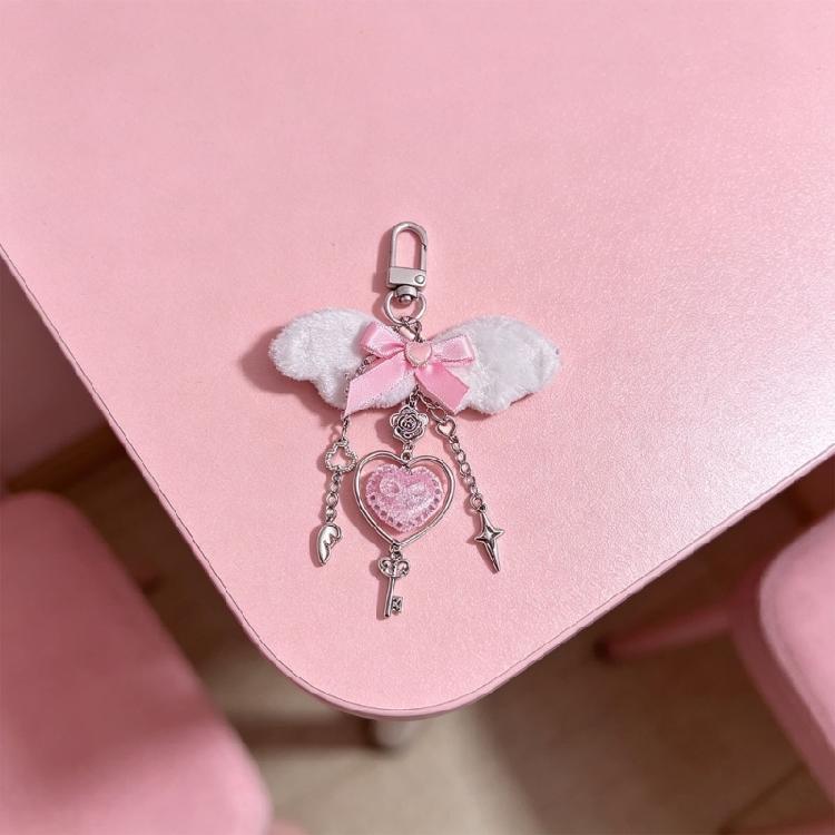 Elegant White Wing Pink Heart Pendant Keyring Love Pendant Charm Ornament Unique Gift For Friend Lovers