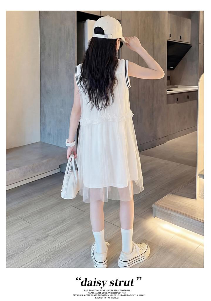 2026 Summer New Mid University Children's White Dress, Girls' Elegant Princess Dress, Girls' Summer Dress, Mesh Skirt