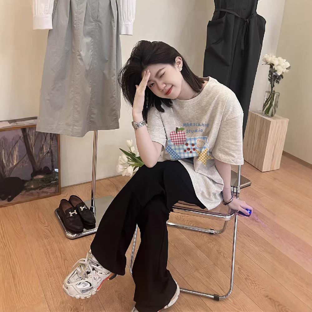 Pure cotton European goods American retro short-sleeved t-shirt women's summer loose fat mm lazy niche design half-sleeved top
