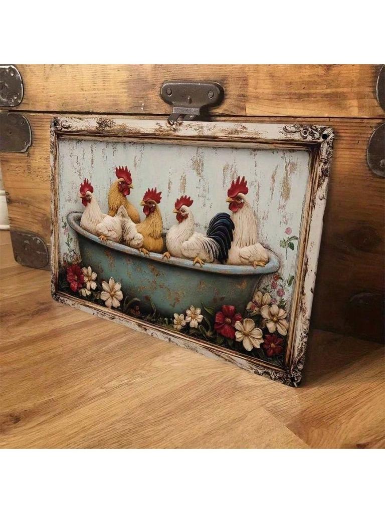 Cute Chicken Tin Sign Farmhouse Kitchen Wall Decor Farmer Gift Vintage Metal Plaque