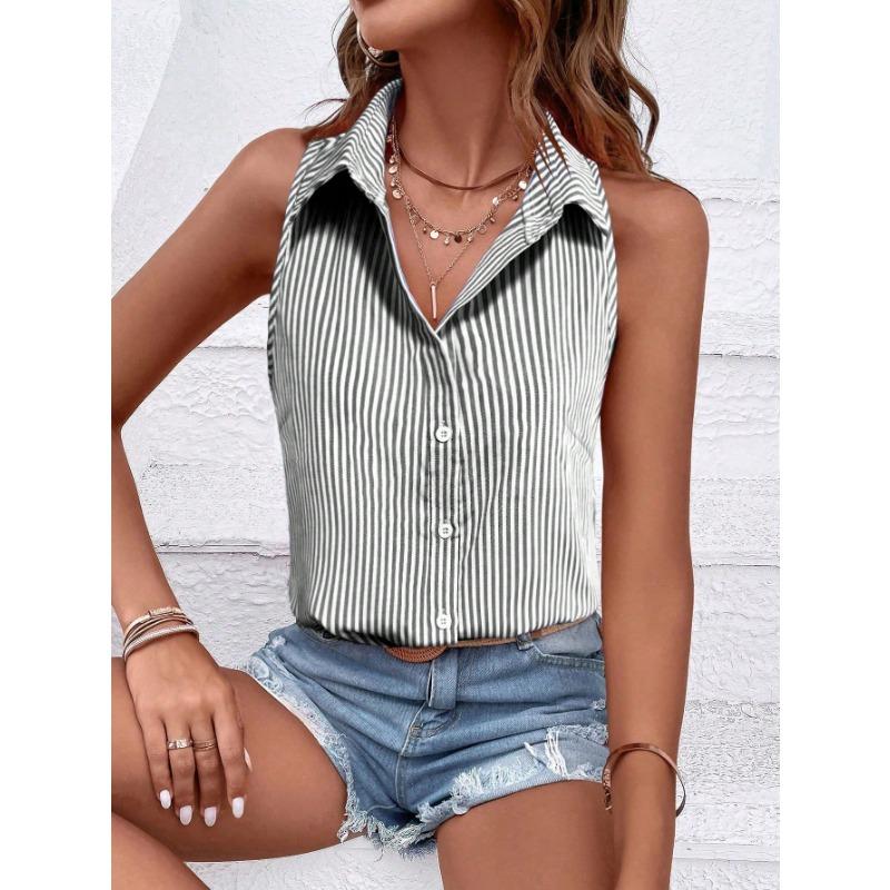 Camicia da Donna a Maniche Corte a Strisce Verdi e Bianche con Bottoni e Collo Top Casual Estivo