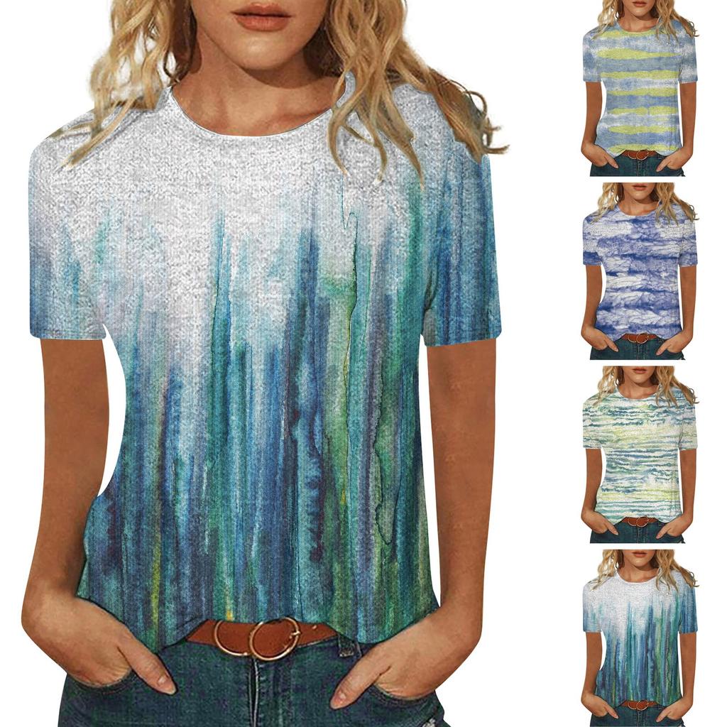 Women's Fashion Casual Comfortable Printed O-Neck Short Sleeve Top Blouse