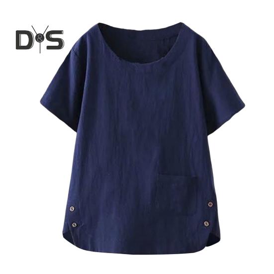 

Женская футболка с круглым вырезом и коротким рукавом, свободная футболка с боковым разрезом, дизайн, накладной карман, однотонный пуловер, топы, уличная одежда L темно-синий