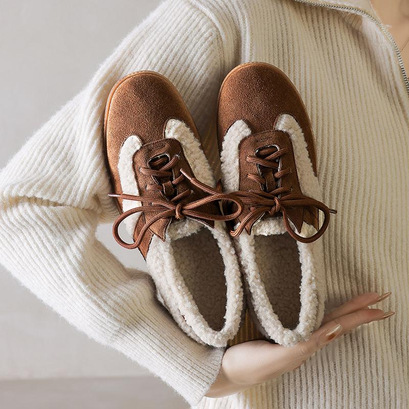 Fashion 2025 New Winter Women Ballet Pumps Loafers Shoes for Women Round Toe Chunky Heel Shoes Retro Low Heel Keep Warm Ladies Shoes