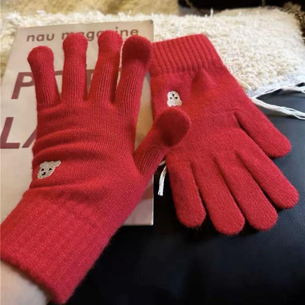 New Autumn and Winter Cute Bear Embroidery Wool Knitted Five-finger Gloves Finger-revealing Female Solid Color