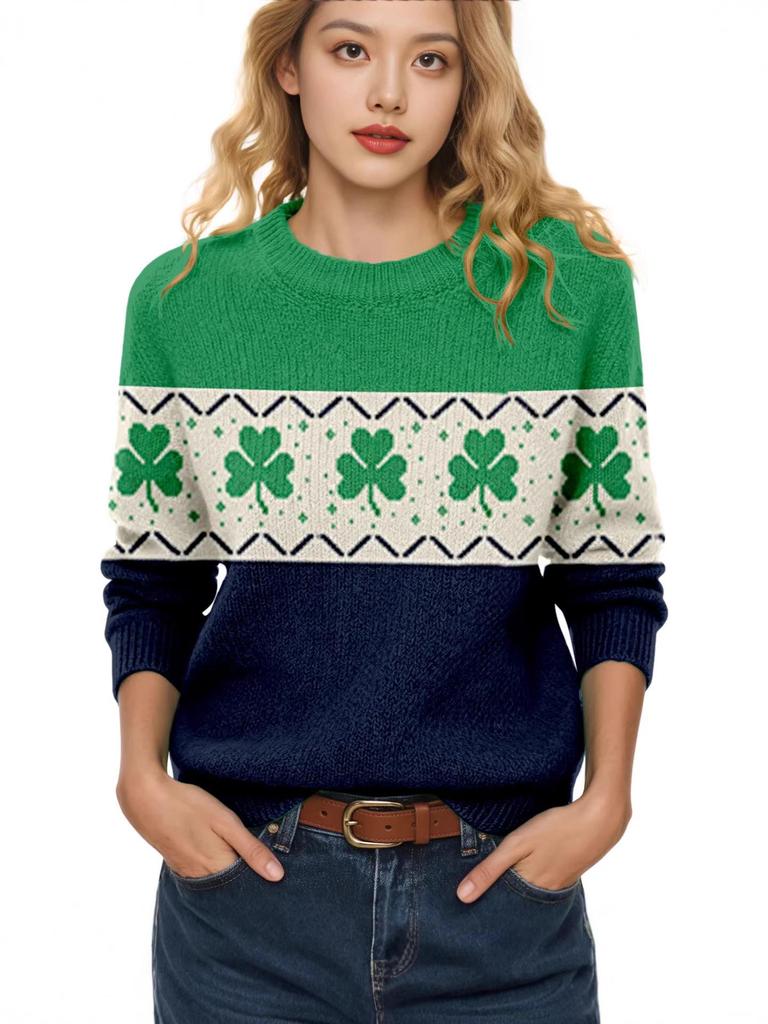 LXF-YT52 Saint Patrick's Day Fair Isle Pullover Sweater - Long Sleeve, Spring and Autumn Fashion.
