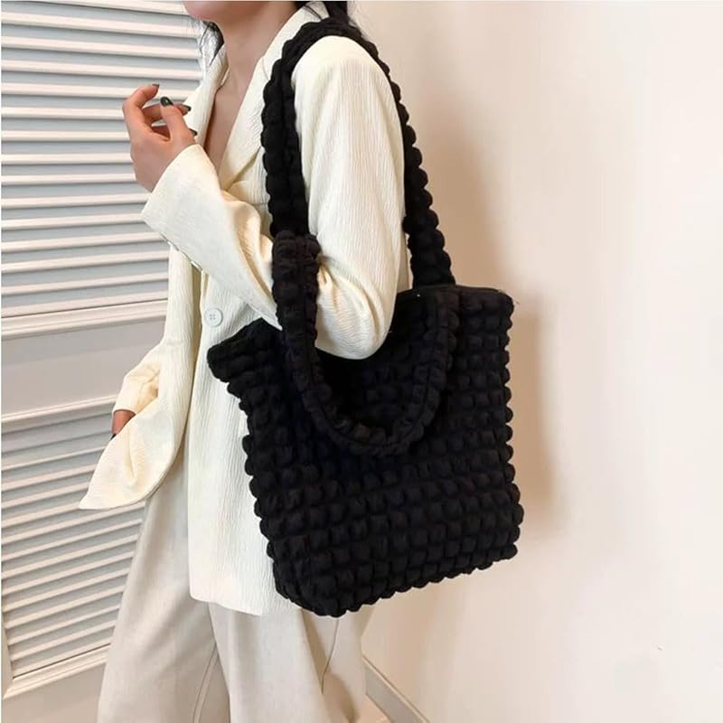 [EOMECUIGAO] Popcorn Bag Tote Bag Ladies With Zipper Shoulder Bag Large Capacity Popularity Commute Quilted Tote Bag (black)