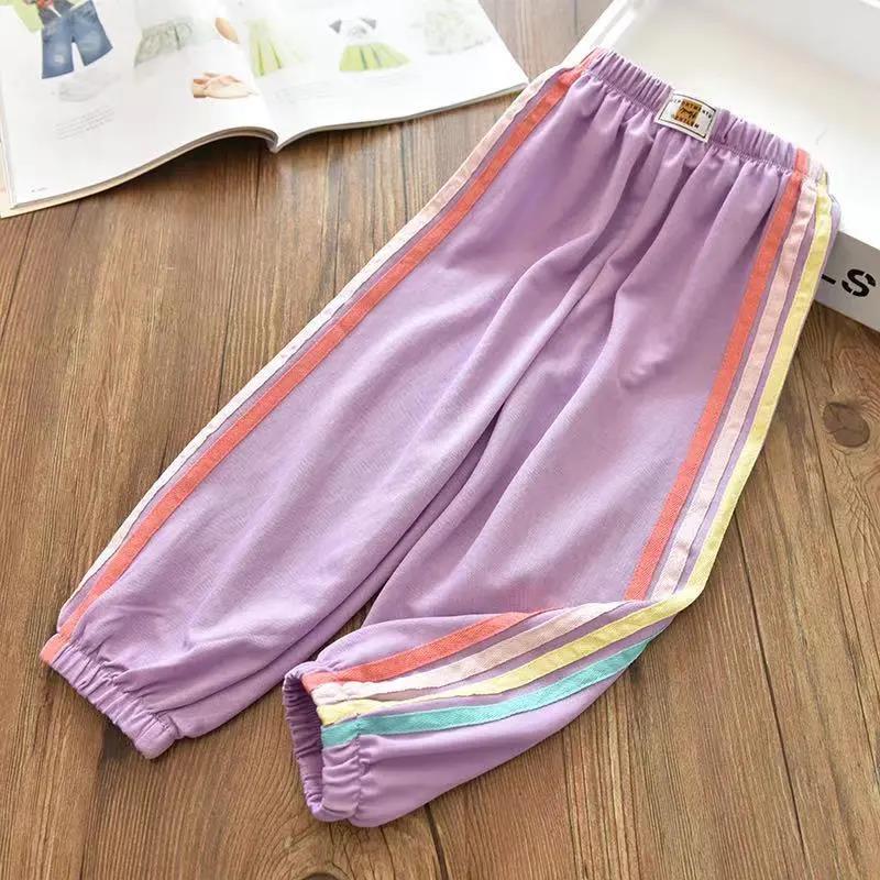 

Повседневные штаны от комаров для девочек из ледяного шелка и хлопка в радужную полоску, тонкие спортивные брюки для больших детей, летние 110