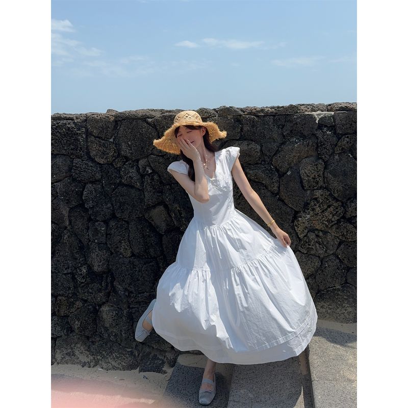 

Kumikumi Sweet Style Lace White Short sleeve Dress Women Summer Niche Age-Reducing Chica Line Skirt White L