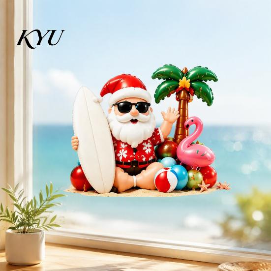 Creative Party Window Decor Tropical Christmas Static Stickers, Santa Claus Flamingo Palm Tree Surfing Board Customizable Cut to Size Decals