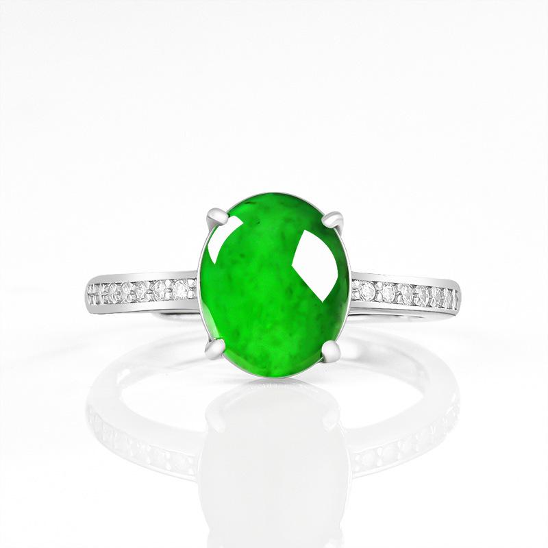 S925 Silver Adjustable Women's Ring with Natural Grade A Bright Green Jade Cabochon