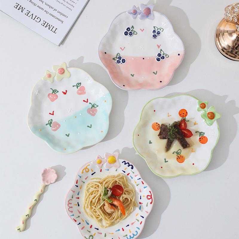 Hand-Painted Relief Flower Ceramic Plate, Breakfast Plate, Dessert Plate, Household Dish Plate, Cute Fruit Plate, Pasta Salad Plate
