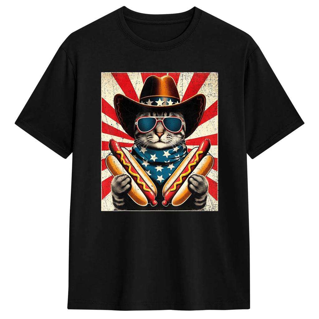 Unisex Retro Funny America Cat Hot Dog Lovers Patriotic US Flag TShirts Cotton Tops Summer Classic ShortSleeve T Shirt ONeck Tee