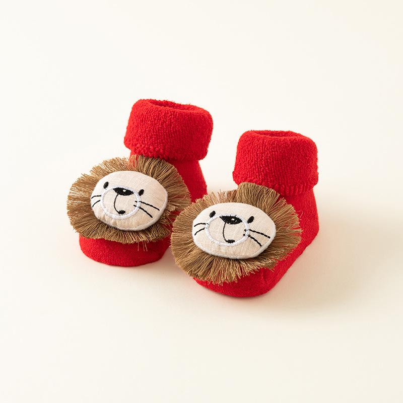 Newborn Red Non-slip Plush Socks for Autumn/Winter - Warm Terry Christmas Floor Socks for Babies and Toddlers.