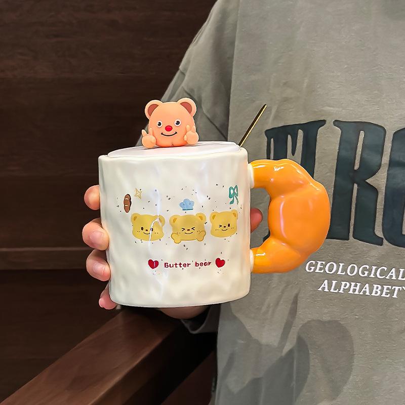 Söt Liten Björn Mugg med Lock Sked Högt Seende Flicka Sovsal Dricksvattenkopp Keramisk Kontorskaffekopp