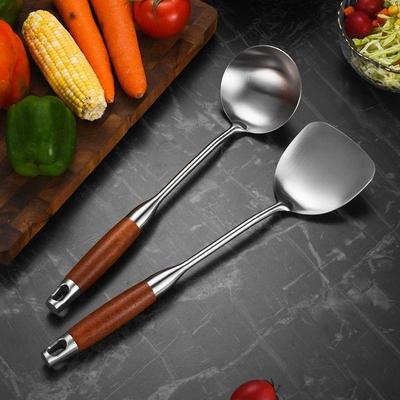Two-Piece Set: Stainless Steel Wok Spatula with Rosewood Handle & Soup Ladle Cooking Spoon.