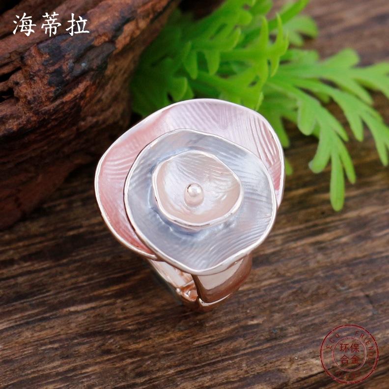 Nouvelle bague élastique géométrique rose en émail mode femme bague fleur tridimensionnelle haut de gamme