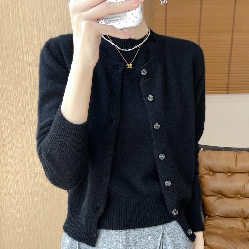 Top de Toamnă și Iarnă pentru Femei Set din Două Piese Lână Merino Pulover cu Gât Rotund Mânecă Lungă Cardigan și Pulover cu Mânecă Scurtă Top Tricotat pentru Toate Sezoanele