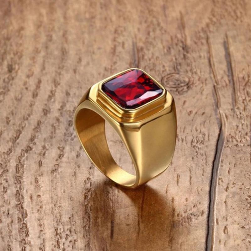 Black/Gold Plated Stainless Steel Men's Ring Square Red Zircon Stone Classic Signet Rings
