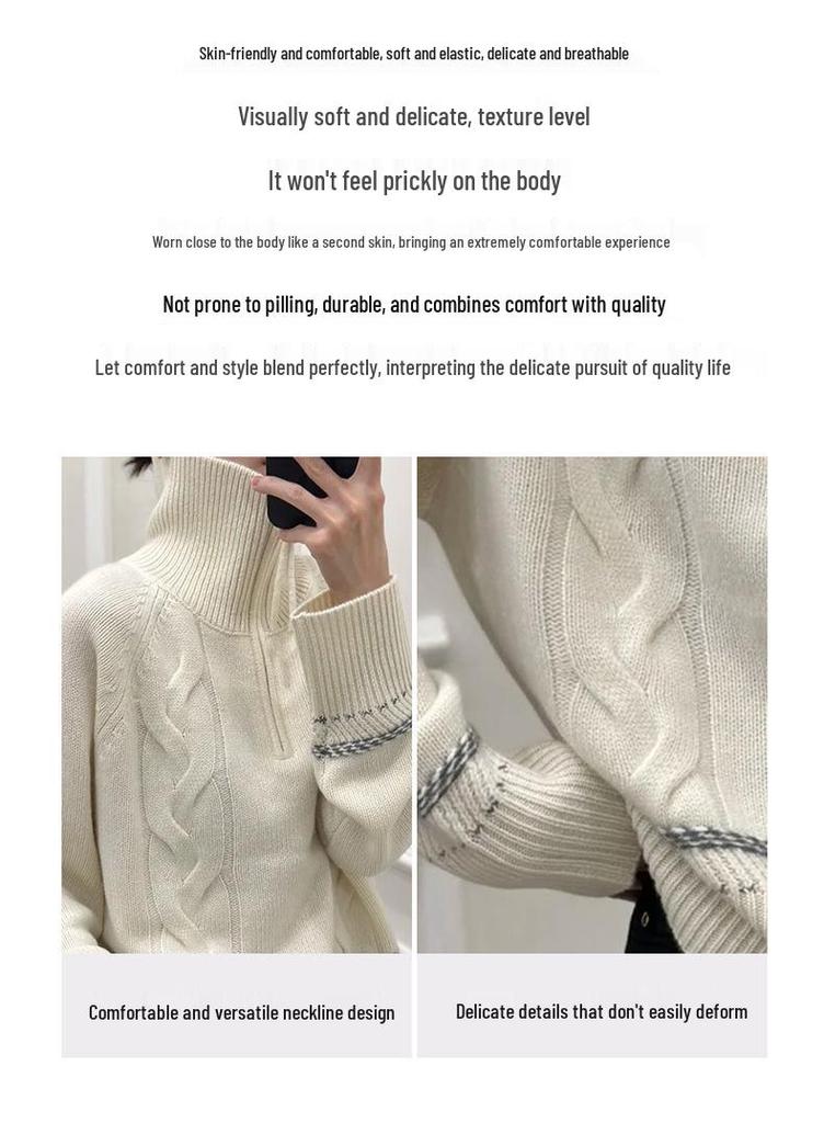 Autumn/Winter 2025 Women's High Neck Wool Cable Knit Sweater - Zipper, White/Gray, Warm Niche Design