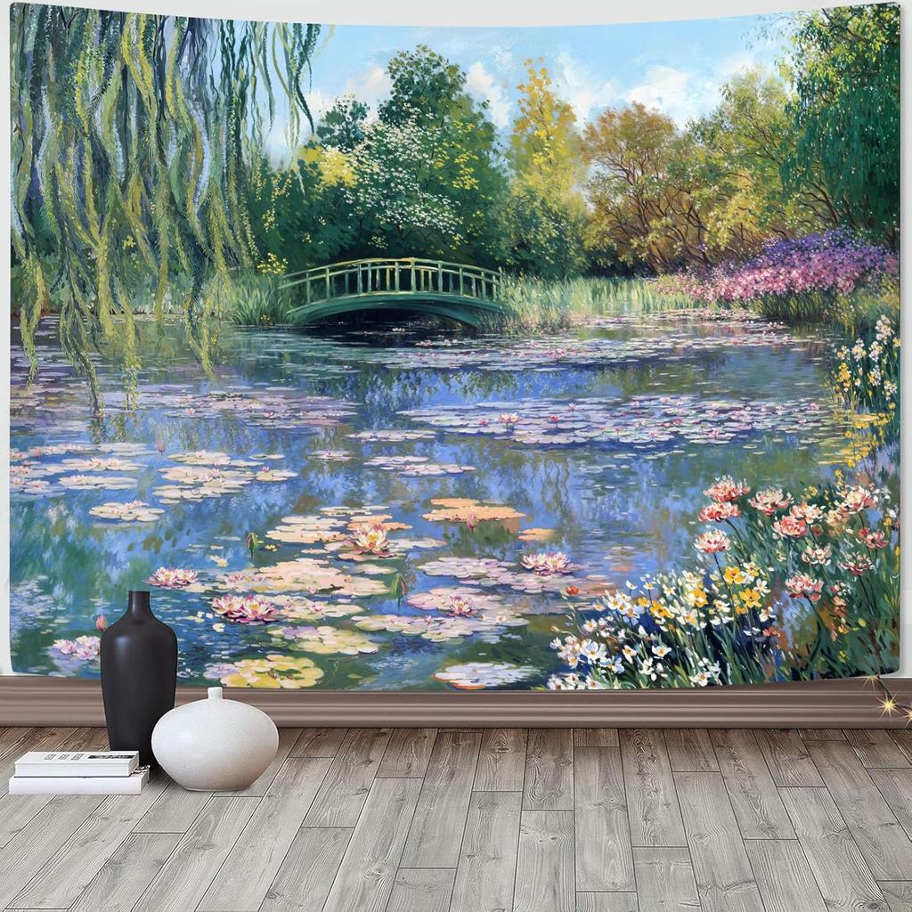 Monet Water Lilies Tapestry Green Floral Plant Tapestries Aesthetic Monet Wall Art Posters Nature Flower Garden Landscape Small