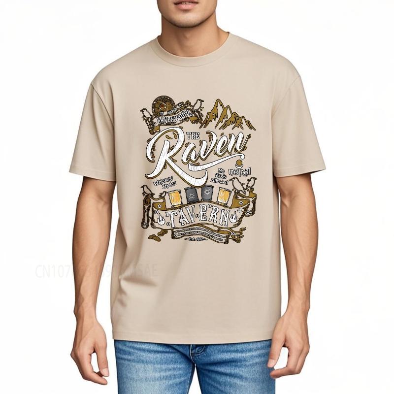 Fashion summer Unisex tshirt The Raven Tavern With Mountains And Drinks Short Sleeve Solid Color O Neck Top tees