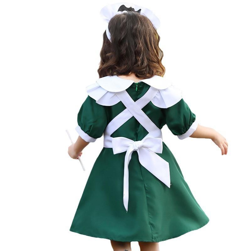 Girls Halloween Cosplay Costume Anime Maid Bat Print Green Party Dress Kids Performance Dancewear