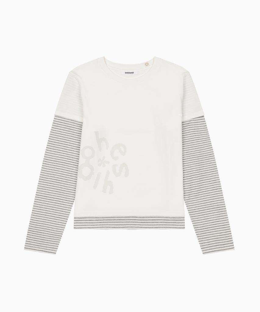 Ohesio Logo Layered Stripe Long T-Shirt, White