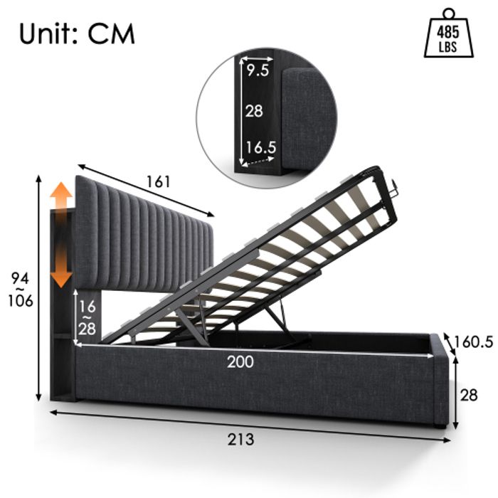 Lit double rembourré LED - MUVOE - 160x200 cm - Tête de lit réglable - USB Type C - Matelas inclus