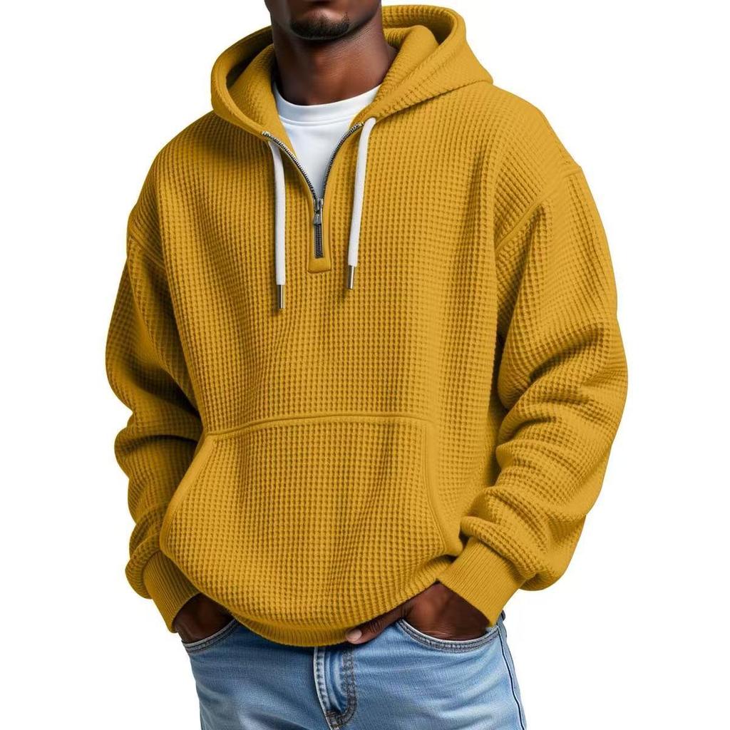 European Heavyweight Waffle Long Sleeve Hooded Sweatshirt - Men's Loose Fit, Pure Color, Casual Style