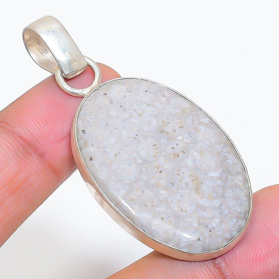 Natural Fossil Coral Gemstone 925 Sterling Silver Jewelry Pendant 2.17" ZS-100