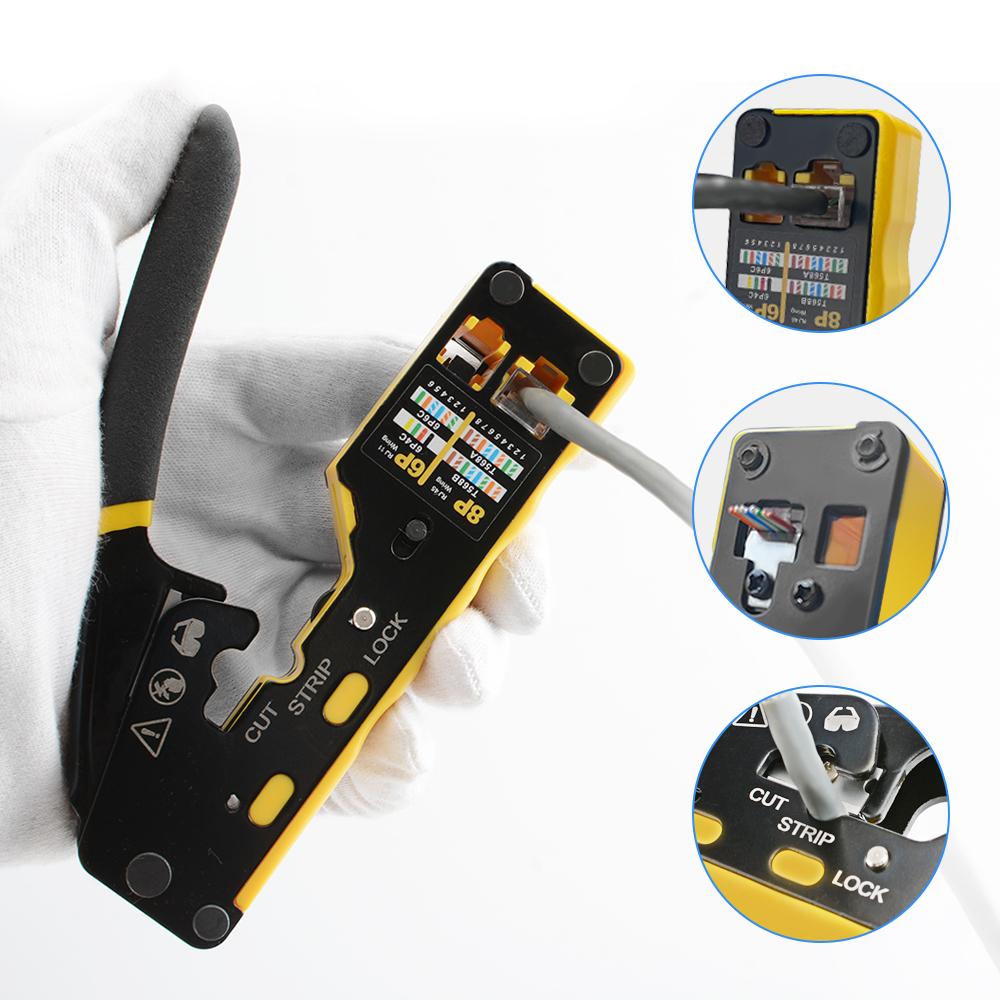 8 In 1 RJ45 Crimp Tool Kit,Crimper tool,Cable Tester,Wire Cutter,Blades,50Pcs Cat 6 Connectors and Strain Relief Boots