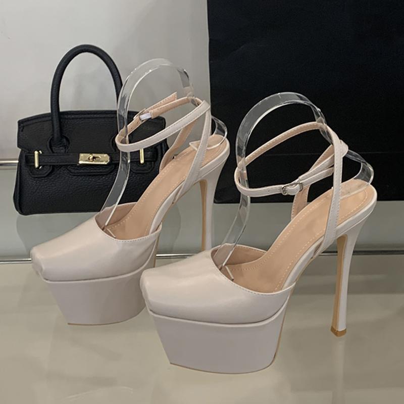 Fashion Liyke New Design Strange Platform Shoes Women Pumps Pleated Leather Square Toe White High Heels Slingback Sandals Stiletto Mujer