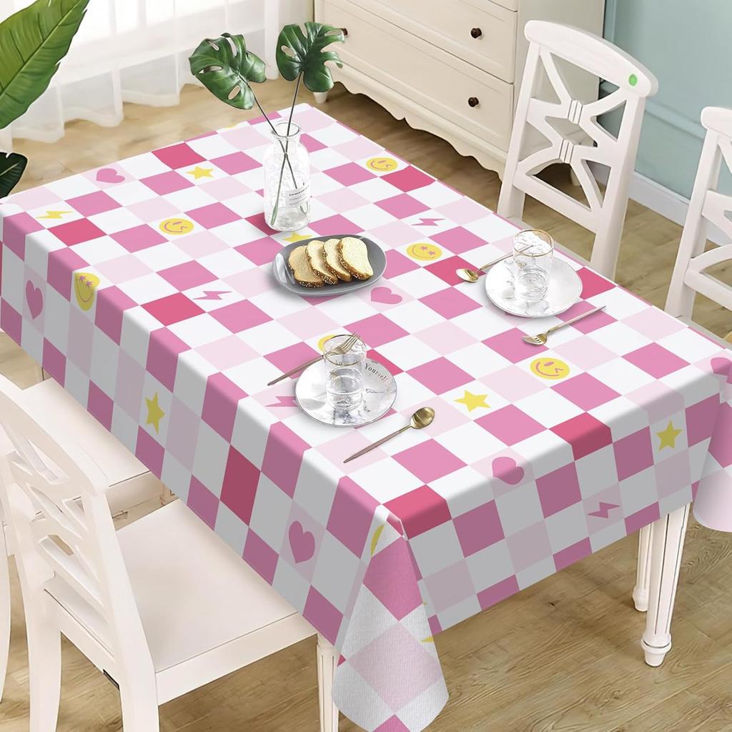 Pink Preppy Checker Rectangle Tablecloth Grid Smiley Face Lightning Heart Decorative Wavy Edging Washable Cover Party