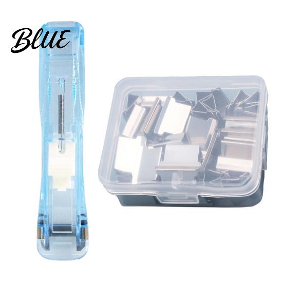Reusable Binder Clips Paper Clip Stapler Portable Dispenser No Hole Punching Pusher with 50 Refillable Transparent Metal Office School Supplies Home