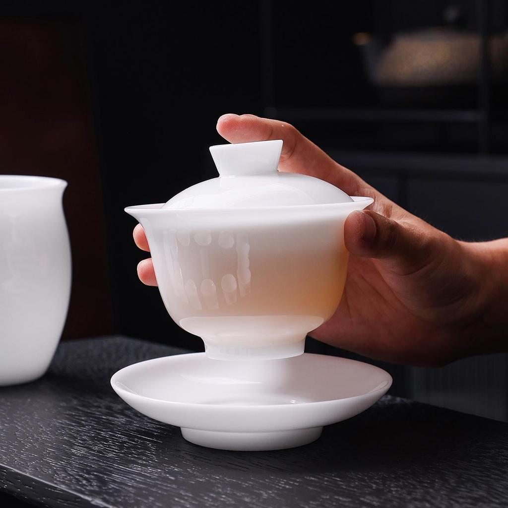 Ice Jade Gaiwan: Large Luxury White Porcelain Tea Bowl & Cup
