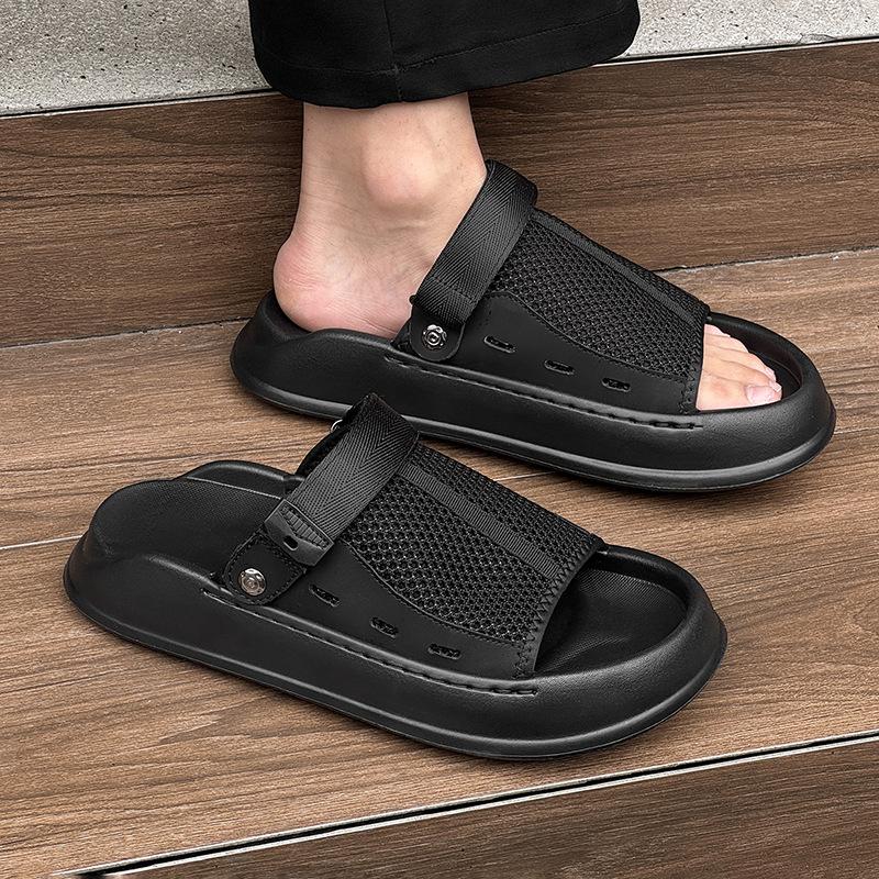 Herren Ein-Wort-Sandalen tragen atmungsaktive weichsohlige lässige vielseitige Mode-Strandschuhe 471226 schwarz-J