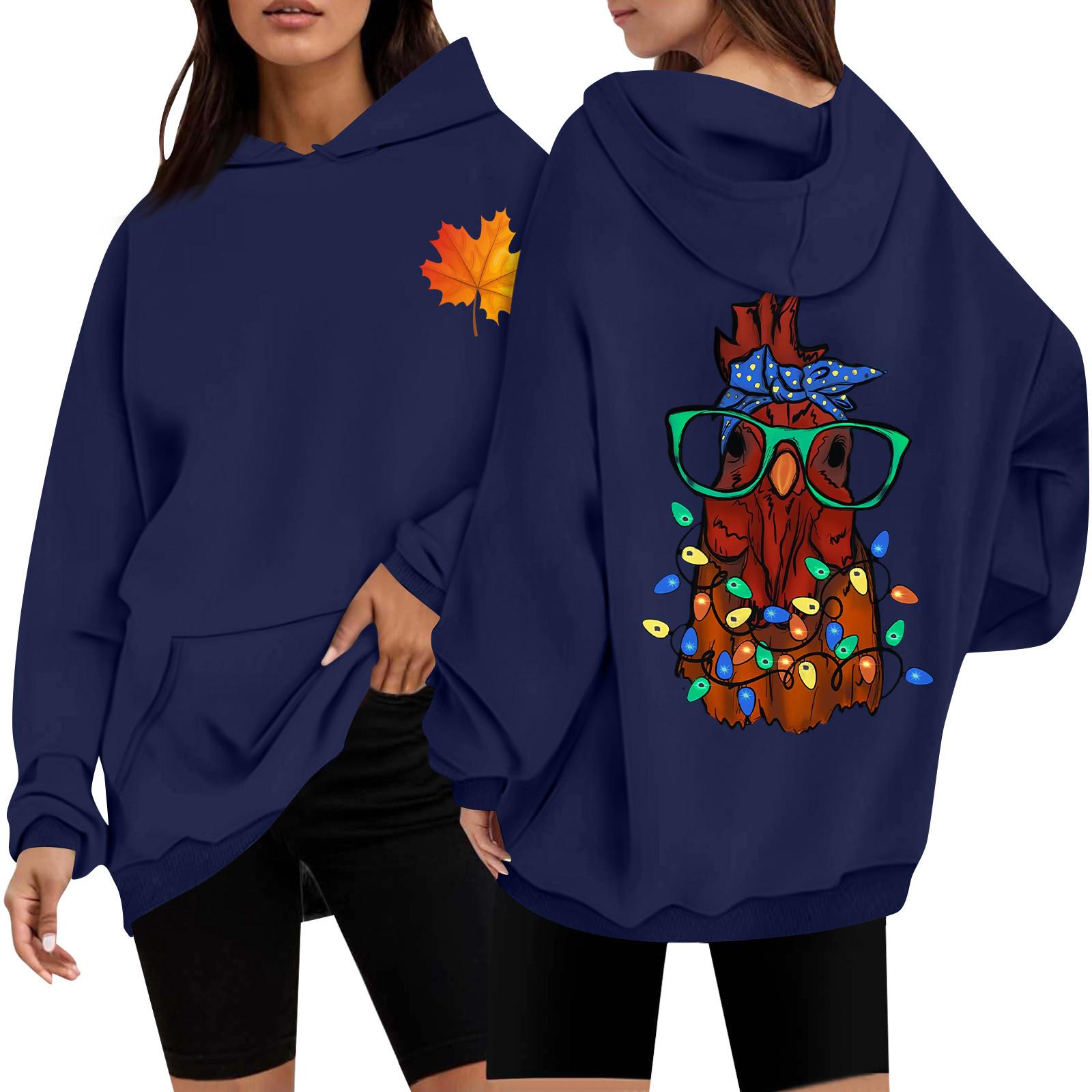 

Женская повседневная мода с принтом Дня благодарения с длинным рукавом и капюшоном S тёмно-синий