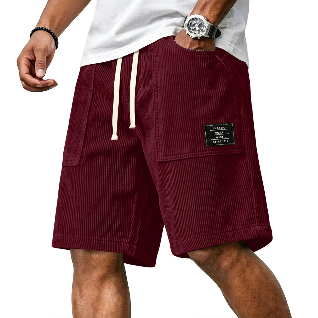 Men's Casual Corduroy Drawstring Shorts with Front Patch Pockets and Elastic Waistband Suitable for Everyday Wear and Outdoor Activities