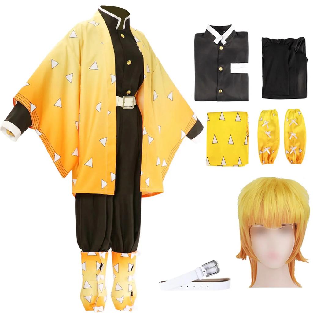 Anime Demon Slayer Agatsuma Zenitsu Cosplay Kostüm Cartoon Kimetsu No Yaiba Zenitsu Kostüm Sutis Perücken Halloween für Kinder Erwachsene