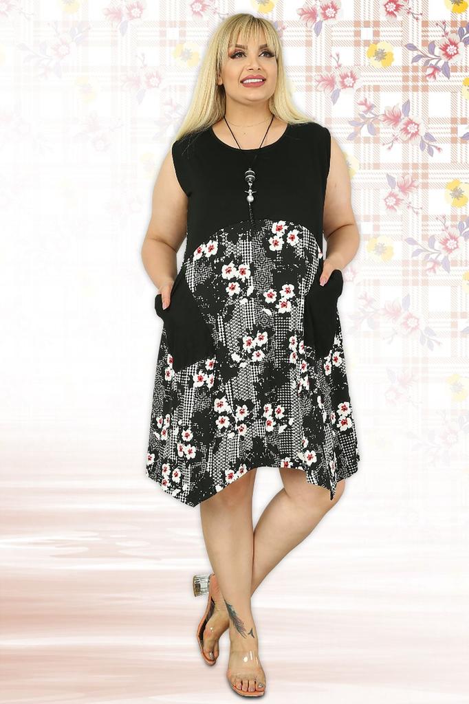 Women's Big Size Dress Plaid Floral Patterned Asymmetrical Cut Below Knee Sleeveless Viscose Dress