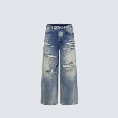 Unisex High Street Klinknagel Verweerde Jeans Losse Wijde Pijp Gewassen Denim Broek Tieners