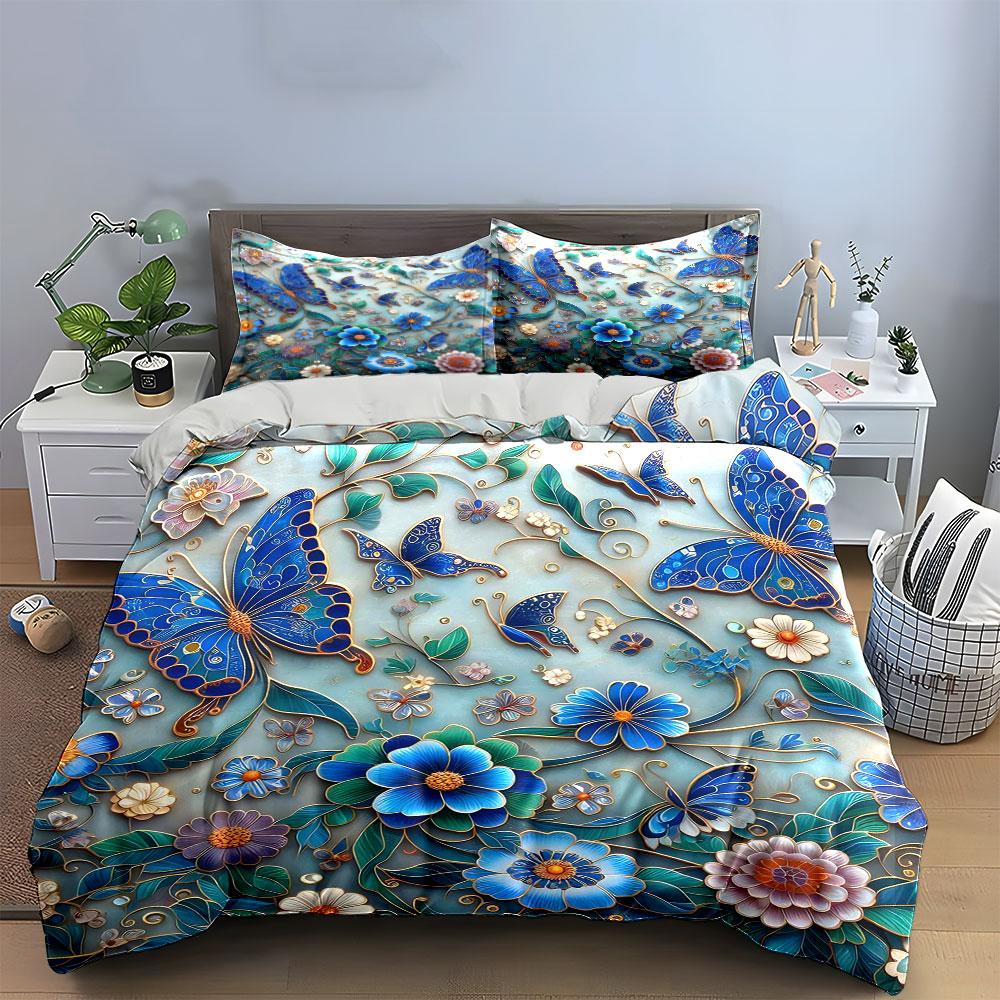 "Butterfly Floral Pattern Decoration" Soft Skin-Friendly Bedding Set Includes 1 Duvet Cover And 2 Pillowcase Gift